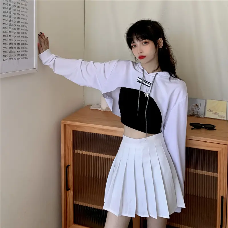 Women Blue Hooded Sweatshirt High Waist Long Sleeve — feature 20