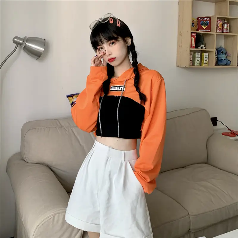 Women Blue Hooded Sweatshirt High Waist Long Sleeve — feature 24