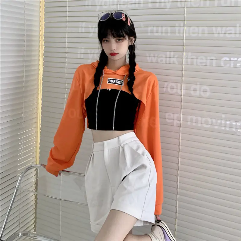Women Blue Hooded Sweatshirt High Waist Long Sleeve — feature 30