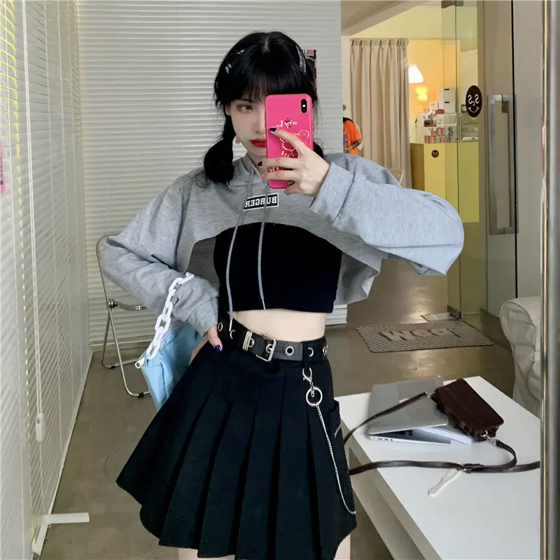 Women Blue Hooded Sweatshirt High Waist Long Sleeve — feature 32