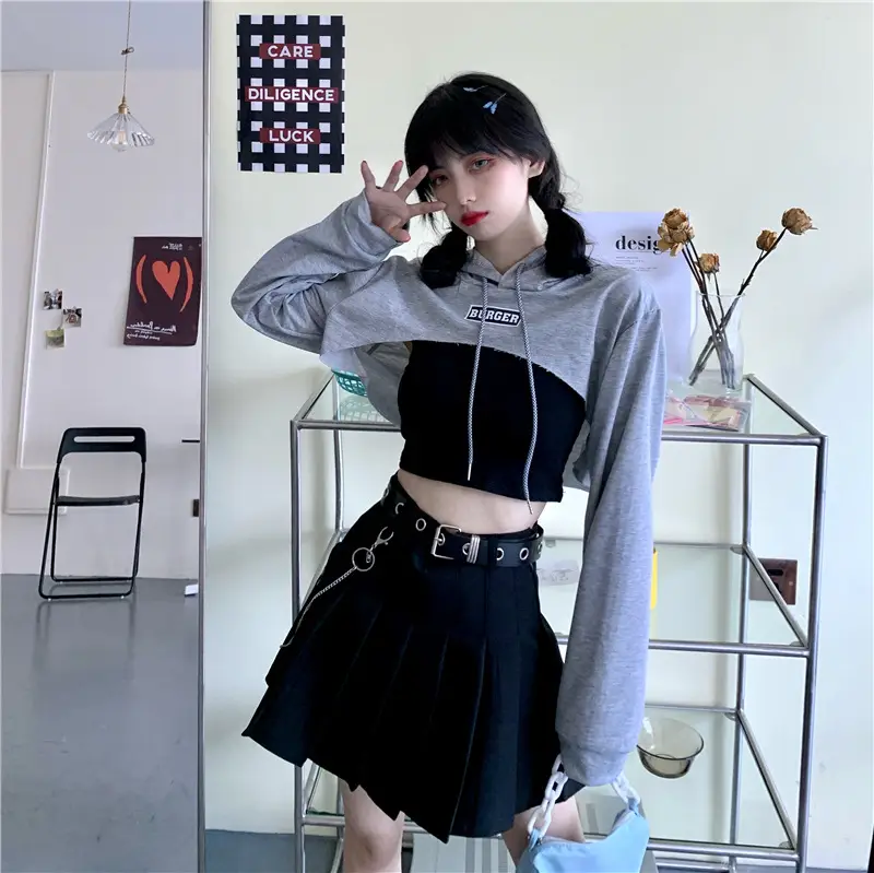 Women Blue Hooded Sweatshirt High Waist Long Sleeve — feature 36