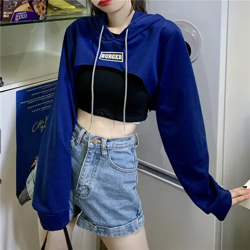 Women Blue Hooded Sweatshirt High Waist Long Sleeve — feature 38