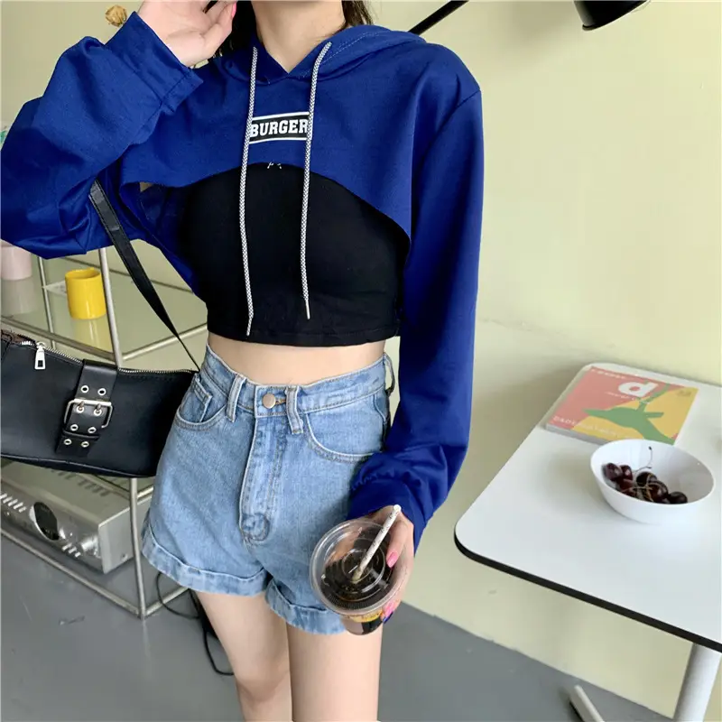 Women Blue Hooded Sweatshirt High Waist Long Sleeve — feature 39