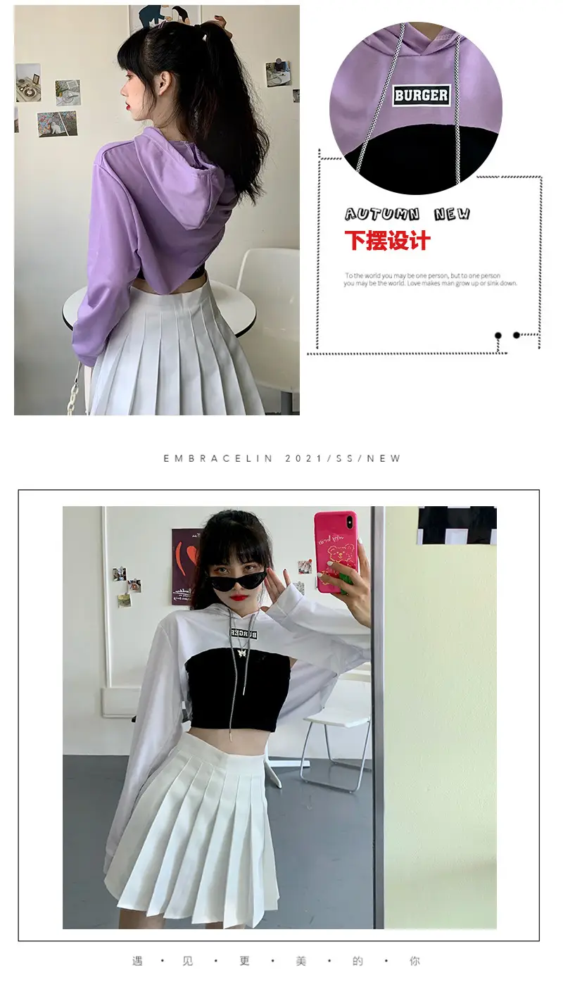 Women Blue Hooded Sweatshirt High Waist Long Sleeve — feature 4