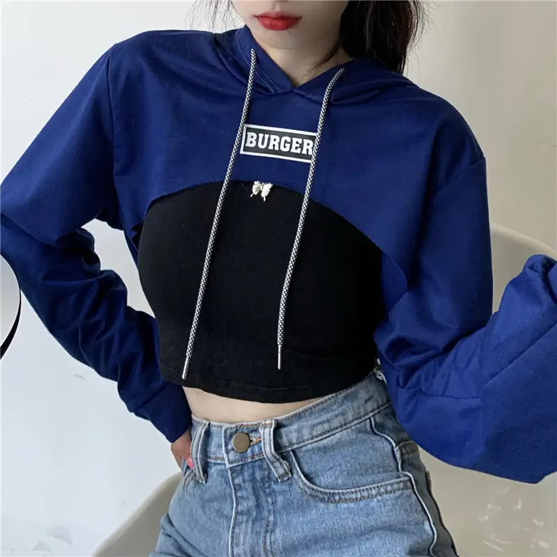 Women Blue Hooded Sweatshirt High Waist Long Sleeve — feature 40