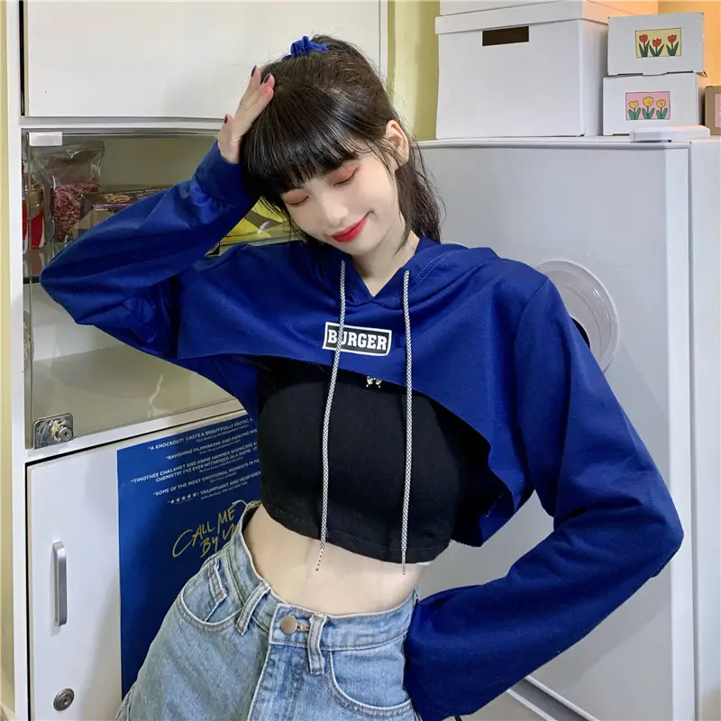 Women Blue Hooded Sweatshirt High Waist Long Sleeve — feature 42