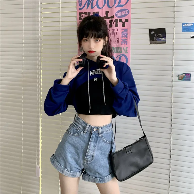 Women Blue Hooded Sweatshirt High Waist Long Sleeve — feature 43