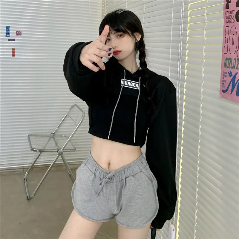 Women Blue Hooded Sweatshirt High Waist Long Sleeve — feature 45
