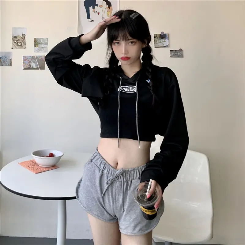 Women Blue Hooded Sweatshirt High Waist Long Sleeve — feature 46