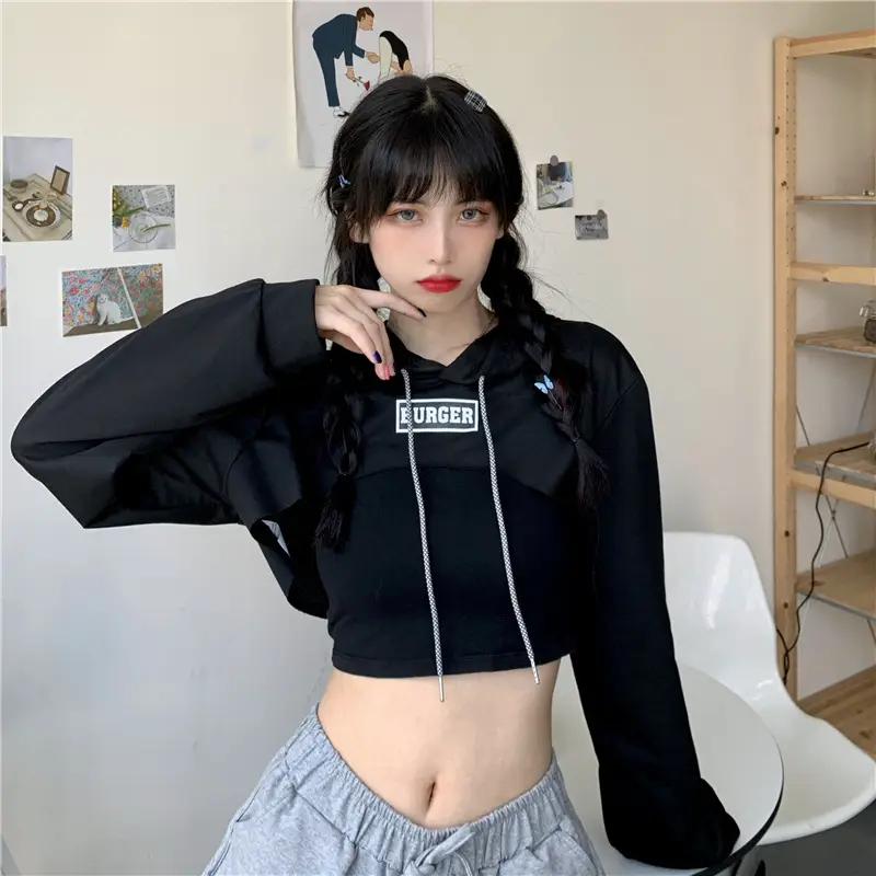Women Blue Hooded Sweatshirt High Waist Long Sleeve — feature 49