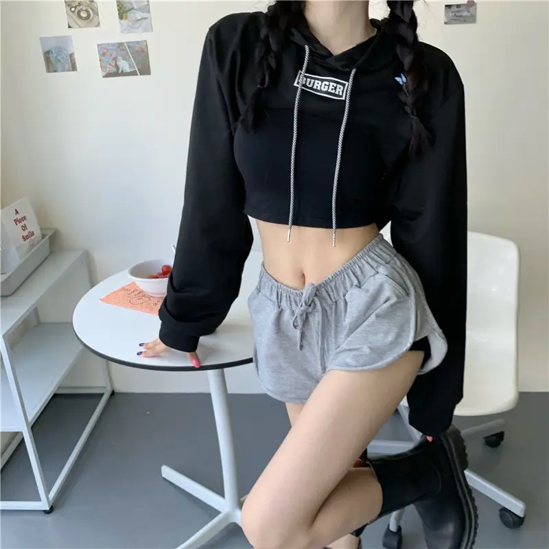 Women Blue Hooded Sweatshirt High Waist Long Sleeve — feature 50