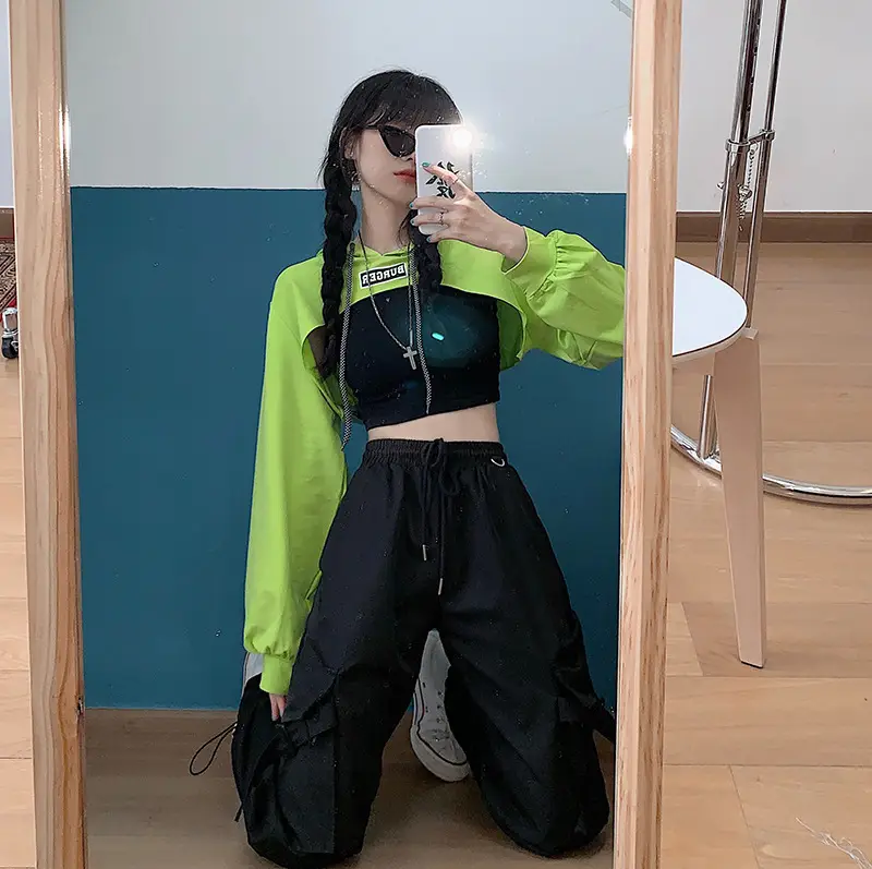 Women Blue Hooded Sweatshirt High Waist Long Sleeve — feature 58