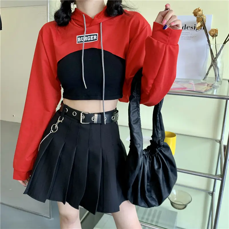 Women Blue Hooded Sweatshirt High Waist Long Sleeve — feature 63