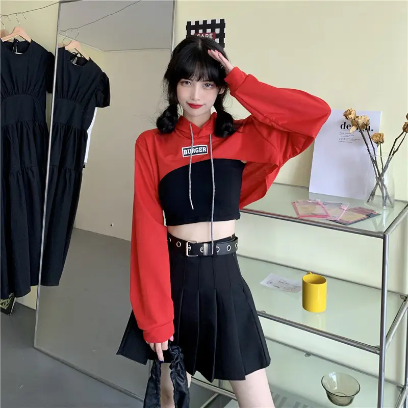 Women Blue Hooded Sweatshirt High Waist Long Sleeve — feature 70