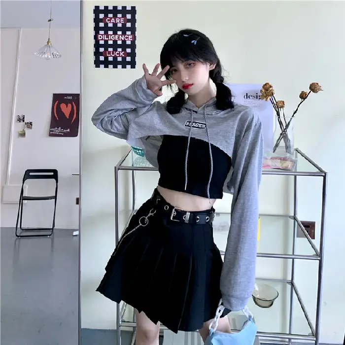 Women Blue Hooded Sweatshirt High Waist Long Sleeve - Image 2
