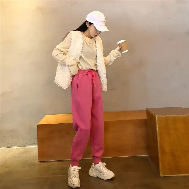 Women White Velvet Jogger Pants Loose Fit Winter Casual — feature 23