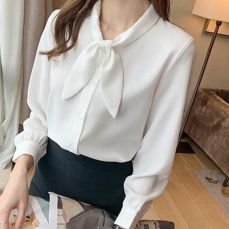 Women Chiffon Bow Tie Shirt Blue Long Sleeve - Image 6