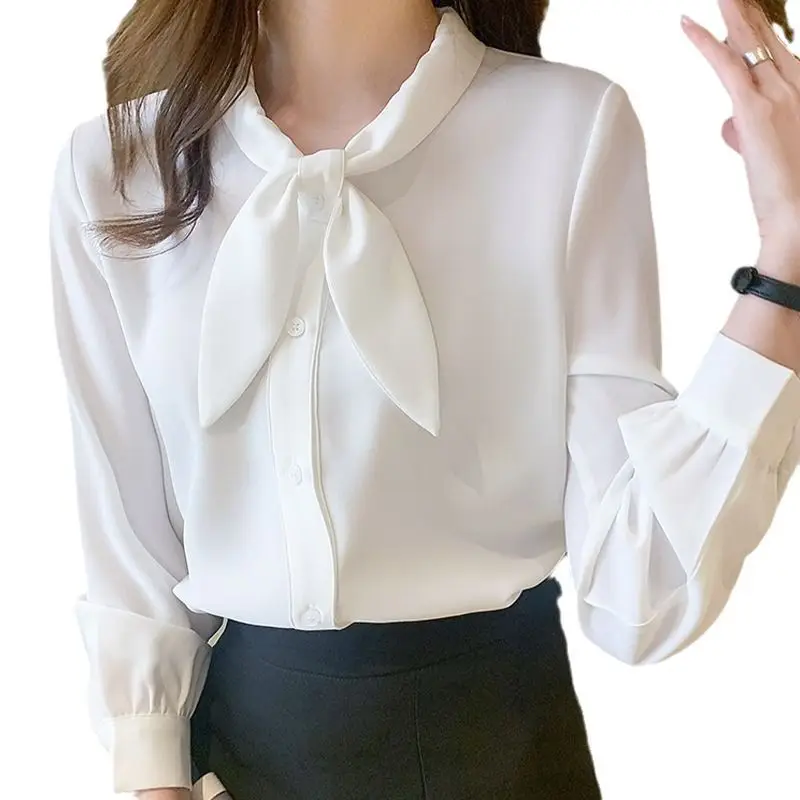 Women Chiffon Bow Tie Shirt Blue Long Sleeve - Image 7