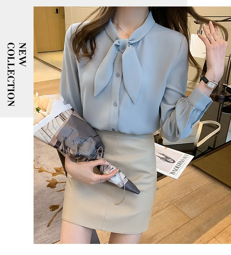 Women Chiffon Bow Tie Shirt Blue Long Sleeve — feature 15