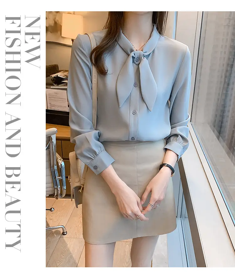 Women Chiffon Bow Tie Shirt Blue Long Sleeve — feature 17