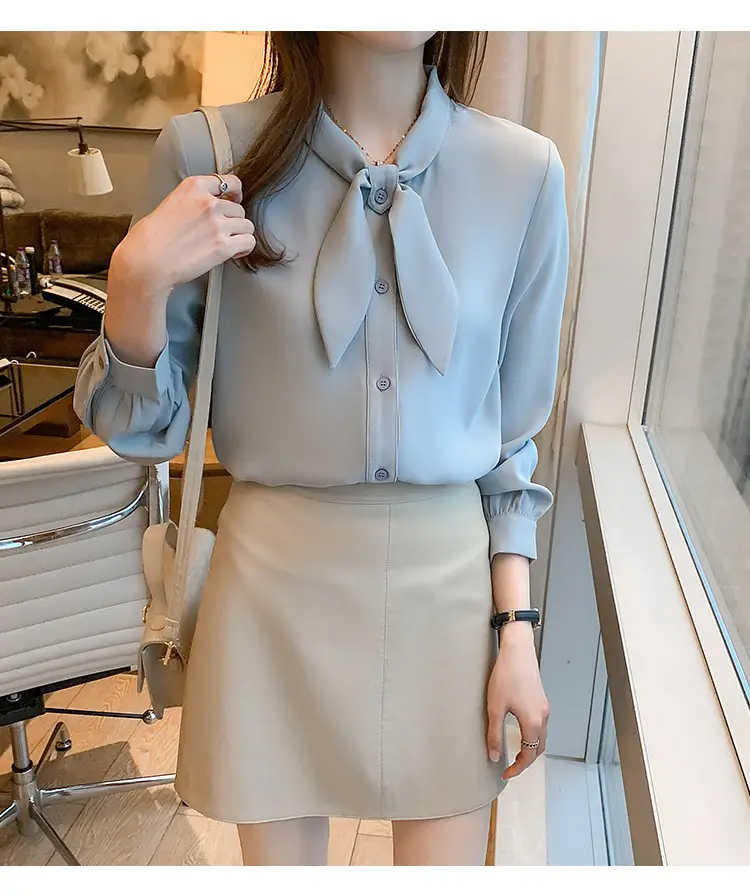 Women Chiffon Bow Tie Shirt Blue Long Sleeve — feature 19