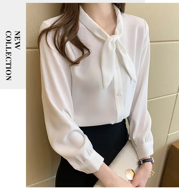 Women Chiffon Bow Tie Shirt Blue Long Sleeve — feature 23