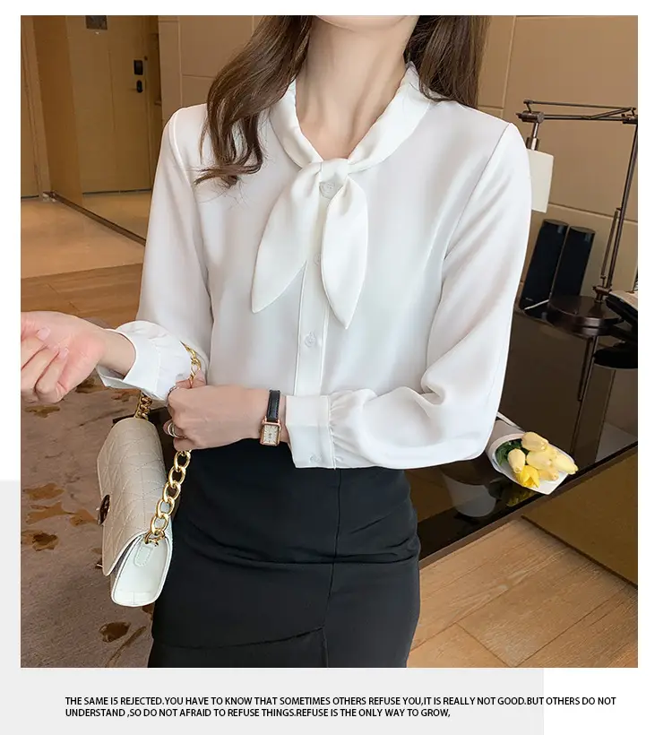 Women Chiffon Bow Tie Shirt Blue Long Sleeve — feature 26