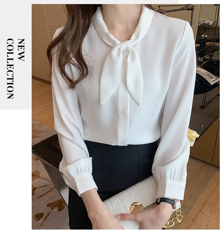 Women Chiffon Bow Tie Shirt Blue Long Sleeve — feature 27