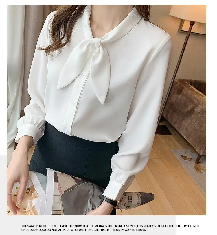 Women Chiffon Bow Tie Shirt Blue Long Sleeve — feature 29