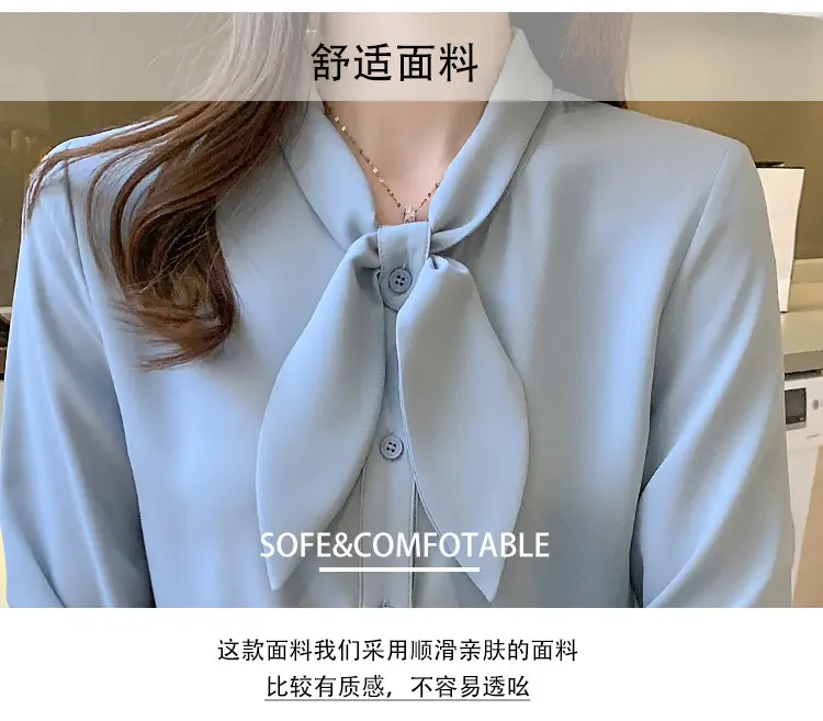 Women Chiffon Bow Tie Shirt Blue Long Sleeve — feature 4