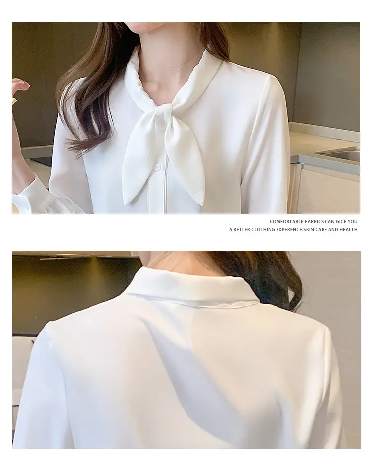Women Chiffon Bow Tie Shirt Blue Long Sleeve — feature 6