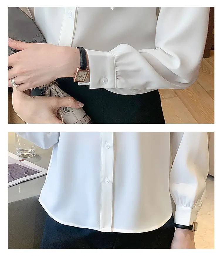 Women Chiffon Bow Tie Shirt Blue Long Sleeve — feature 7