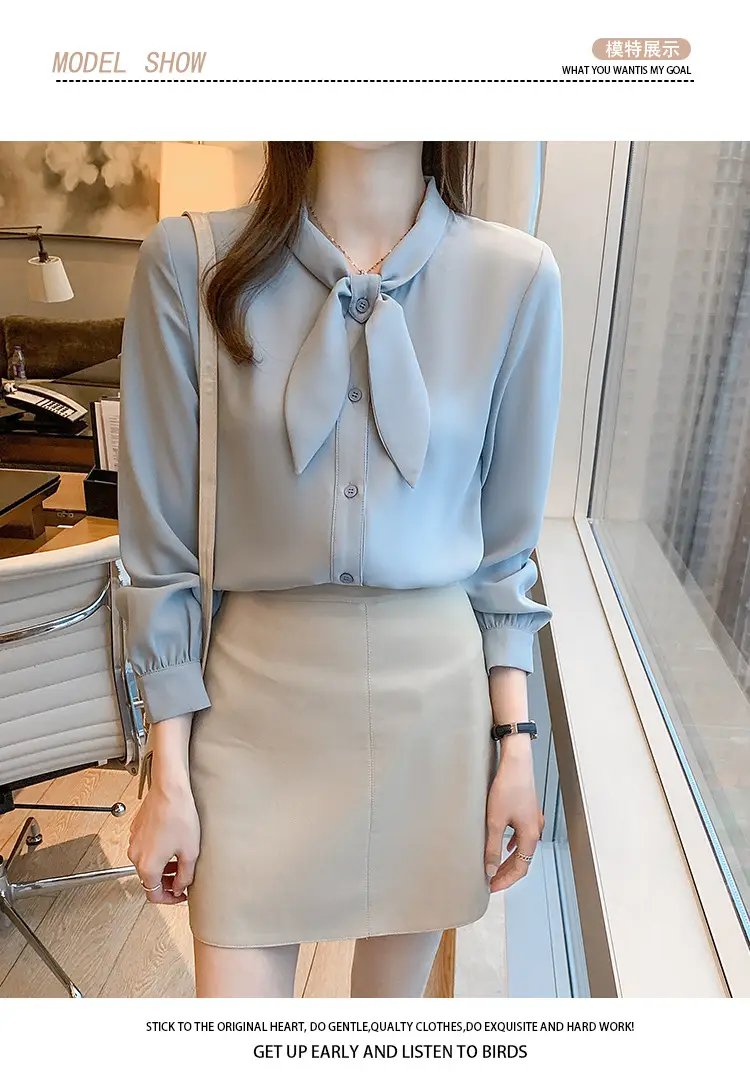 Women Chiffon Bow Tie Shirt Blue Long Sleeve — feature 8