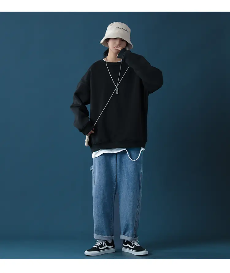 Men Black Loose Sweatshirt Jacket Large — feature 10