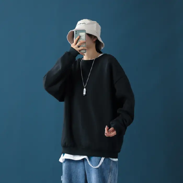 Men Black Loose Sweatshirt Jacket Large - Image 2
