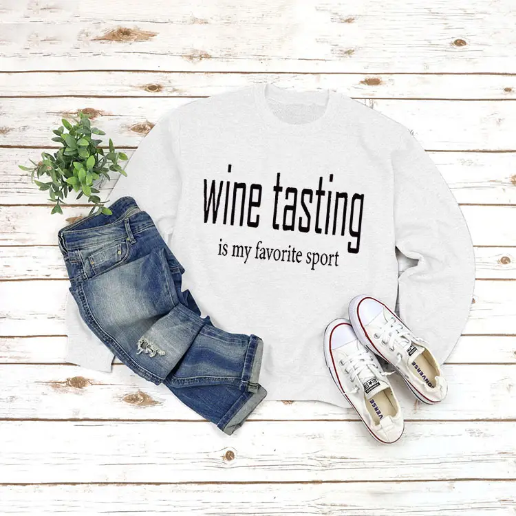 Yellow Wine Tasting Round Neck Long Sleeve Sweatshirt with Jeans and Slippers - Image 2