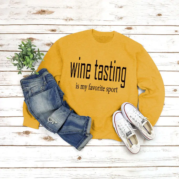 Yellow Wine Tasting Round Neck Long Sleeve Sweatshirt with Jeans and Slippers - Image 4