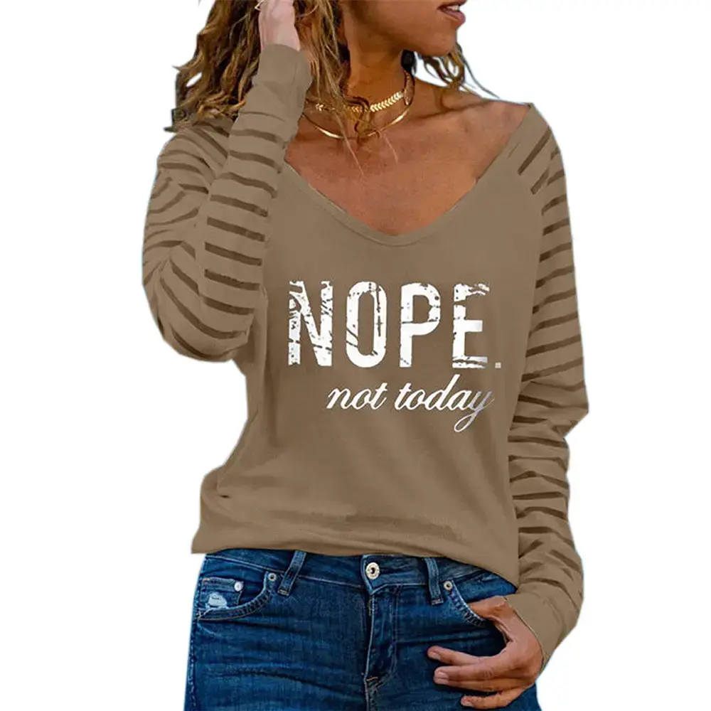 Women Long Sleeve T-Shirt "NOPE Not Today" White Striped - Image 6