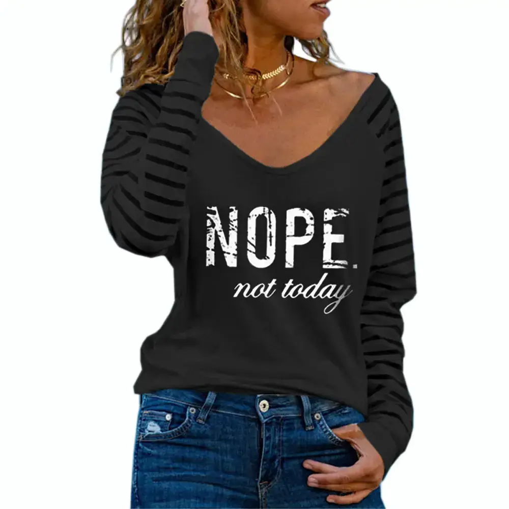 Women Long Sleeve T-Shirt "NOPE Not Today" White Striped - Image 7