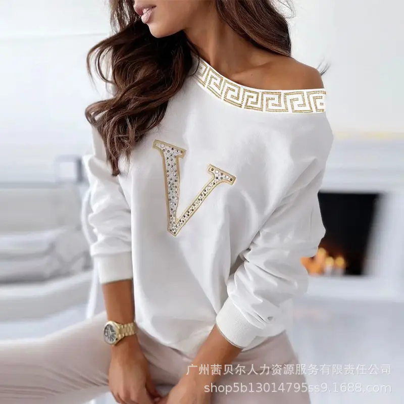 2021 Women's White Rhinestone Off-Shoulder Top ODT0840
