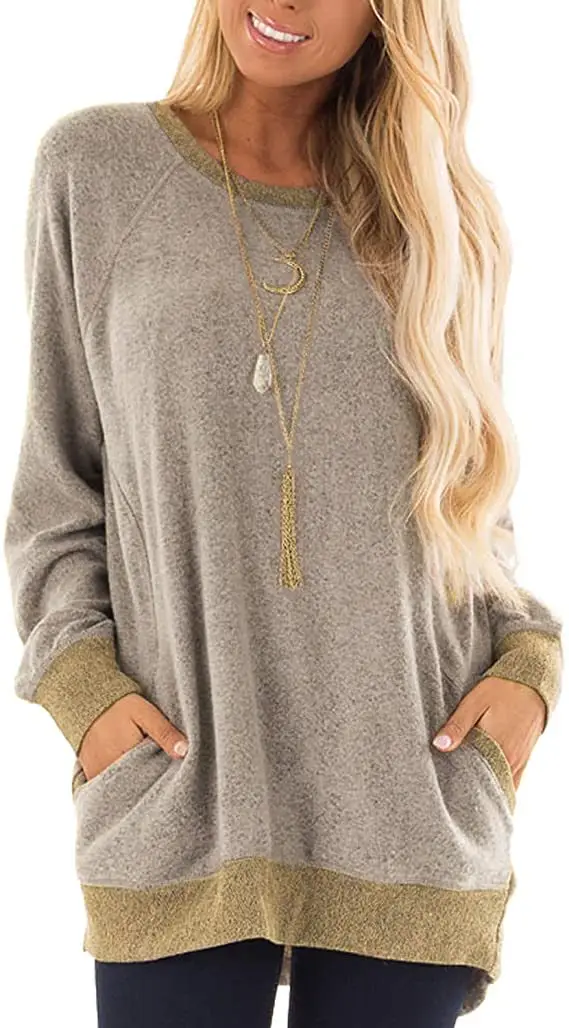 Women Long Sleeve Grey Sweatshirt with Pocket Design - Image 2