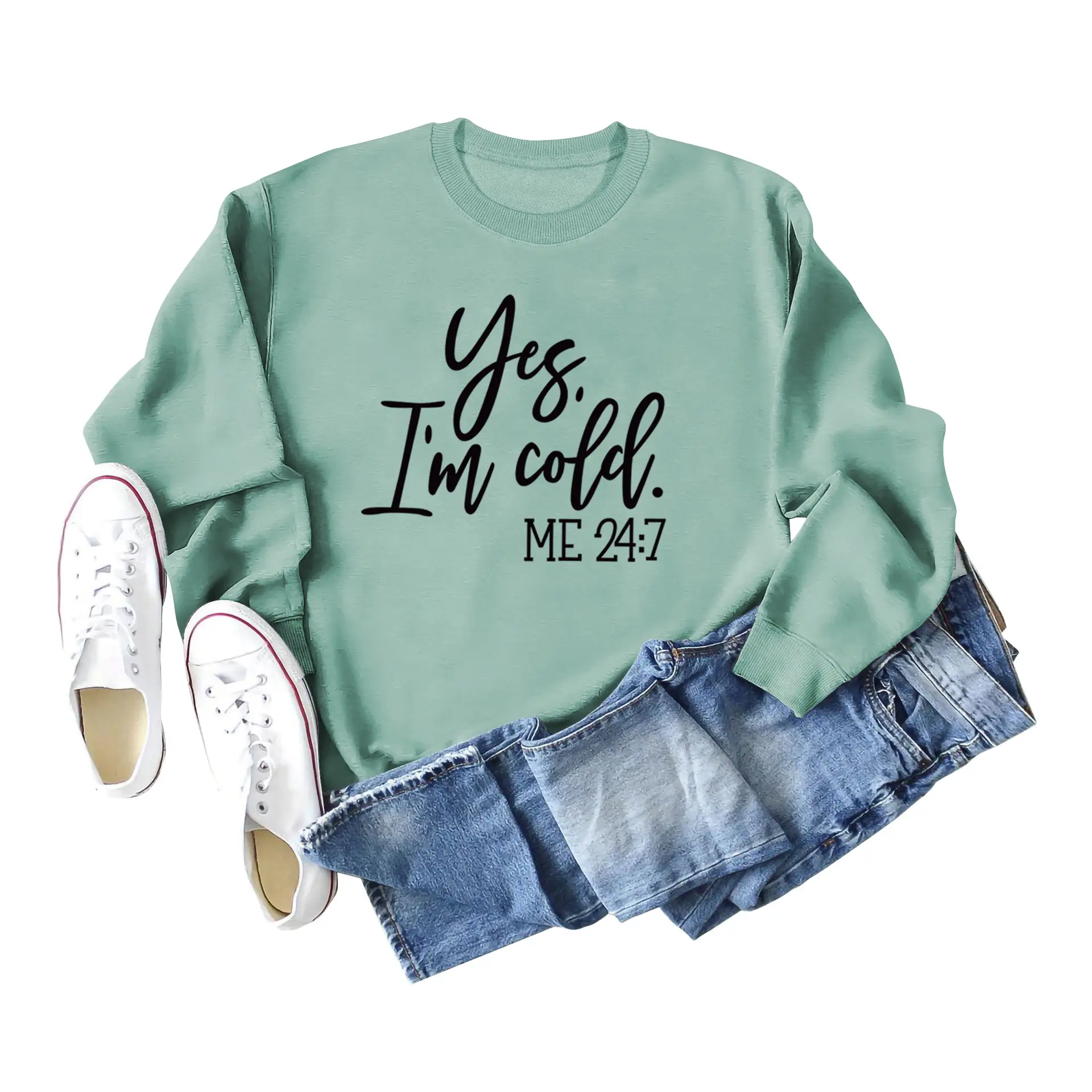 Green Printed Sweatshirt Set for Women with Denim Shorts - Image 9