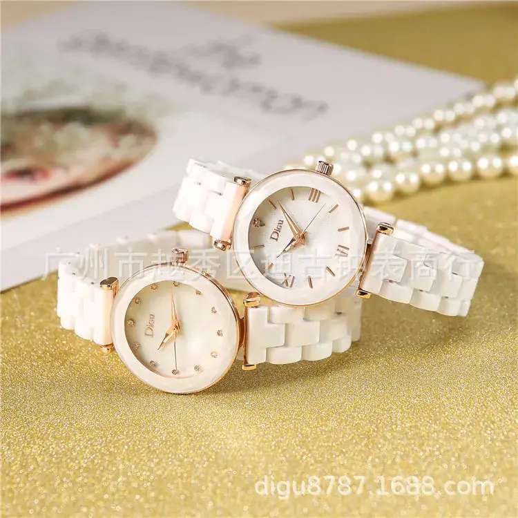 Women's Ceramic Watch with Rose Gold Mesh Strap & Roman Rhinestone Dial