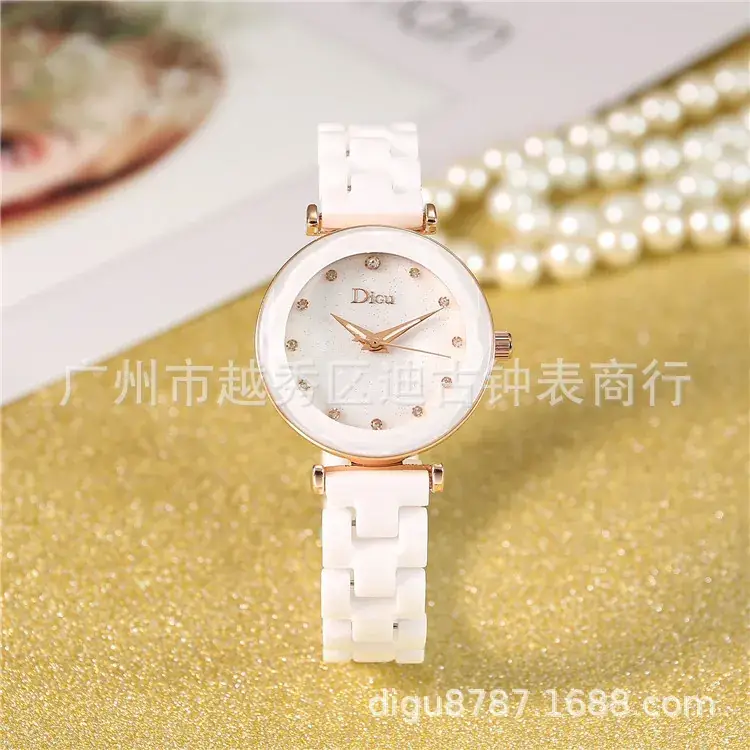 Women's Ceramic Watch with Rose Gold Mesh Strap & Roman Rhinestone Dial