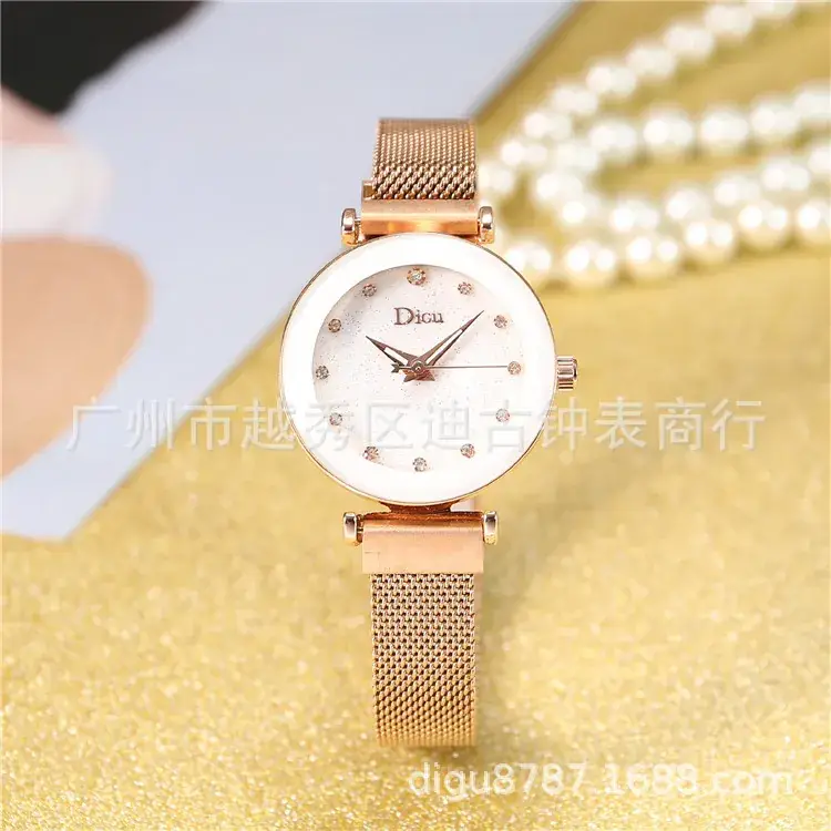 Women's Ceramic Watch with Rose Gold Mesh Strap & Roman Rhinestone Dial