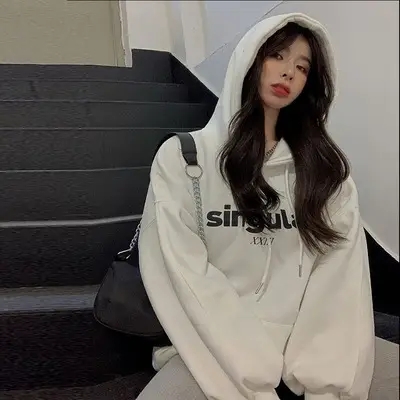 Women Fleece Lined Hoodie White Loose Fit Winter Hood - Image 10