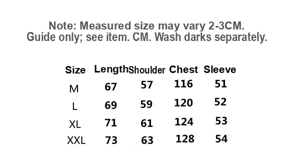 Size chart with garment length, shoulder width, chest and sleeve measurements in cm for M to XXL.