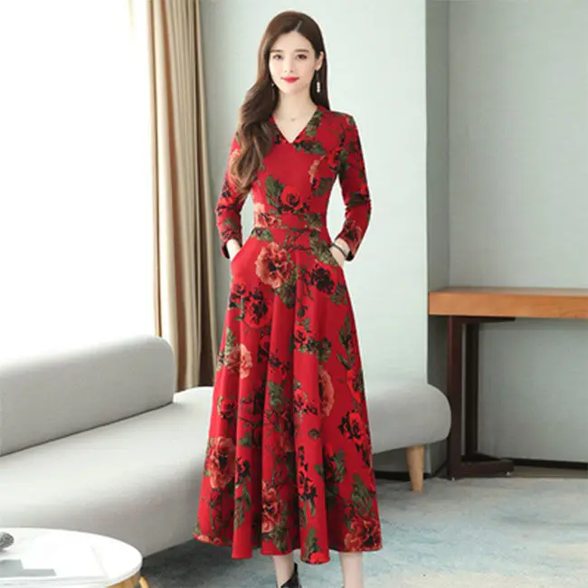 Red Floral V-Neck Long Sleeve Mom Dress with A-Line Skirt - Image 4