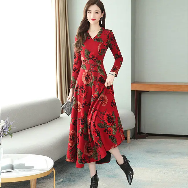 Red Floral V-Neck Long Sleeve Mom Dress with A-Line Skirt - Image 6