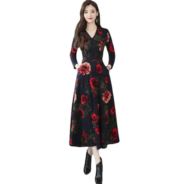 Red Floral V-Neck Long Sleeve Mom Dress with A-Line Skirt - Image 7